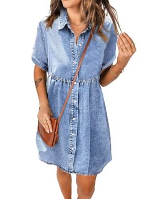 Women's Denim Dress for Women Blue Jean Dress 2025 Trendy Summer Short Sleeve Denim Dresses with Pockets