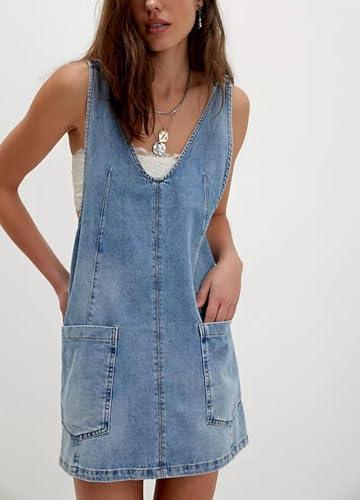 41COb53c9UL.jpg Women's V Neck Sleeveless Denim Overall Dress Adjustable Strap Summer Mini Pinafore Jean Dress with Pockets