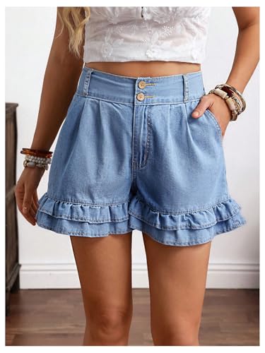 41CPV6KWoCL.jpg Women's Button Front Ruffle Tiered Denim Shorts High Waist Loose Jean Shorts with Pockets