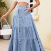 Women Western Elastic High Waisted A Line Long Denim Skirt Button Ruffle Tiered Jean Maxi Skirt Patchwork Pocket Y2k