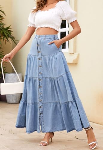 Women Western Elastic High Waisted A Line Long Denim Skirt Button Ruffle Tiered Jean Maxi Skirt Patchwork Pocket Y2k