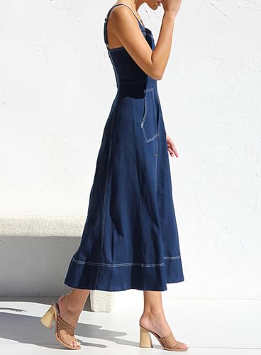41Cslb0gfdL.jpg Women's Summer Adjustable Strap Sleeveless Midi Denim Dress Button Down A-Line Swing Flowy Jean Dress
