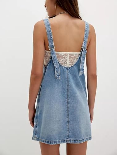 41D4VjPpnSL.jpg Women's V Neck Sleeveless Denim Overall Dress Adjustable Strap Summer Mini Pinafore Jean Dress with Pockets