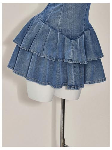 41DQ5CxnprL.jpg Women's Layered Ruffle Strapless Mini Denim Dress Sleeveless A Line Tube Dresses