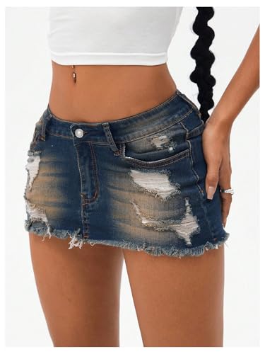 41DSGrB7lIL.jpg Women's Denim Mini Skirt Low Waist Distressed Raw Hem Micro Jean Skirts