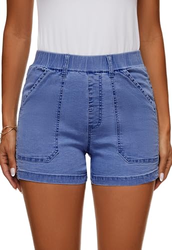 41DVgDaeTlL.jpg Womens Jean Shorts High Waisted Summer Cotton Stretchy Casual Pull On Beach Elastic Waist Denim Shorts with Pockets