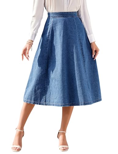 41DbjKDOOfL.jpg SDEER Women's Denim A Line Skirt Casual Stretch High Waist Flared Midi Jean Skirts