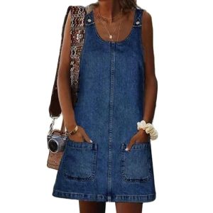Denim Overall Dress for Women Casual Mini Sleeveless Jean Vintage Jumper Skirt Dress with Pockets