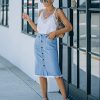 Women's Casual Mid Rise Button Down Frayed Raw Hem Denim Jean Midi Skirt