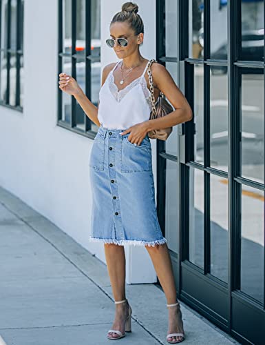 Women's Casual Mid Rise Button Down Frayed Raw Hem Denim Jean Midi Skirt
