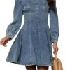 41DzpMV18L.jpg Women's Denim Dress Long Sleeve Crewneck A Line Swing Ruffle Casual Mini Babydoll Jean Dresses