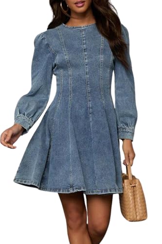 41DzpMV18L.jpg Women's Denim Dress Long Sleeve Crewneck A Line Swing Ruffle Casual Mini Babydoll Jean Dresses