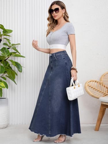 41EA5u0uSiL.jpg Women's Retro Distressed High Waist Frayed Hem A Line Wash Maxi Long Denim Skirt with Pockets