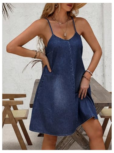 41F3F5WeQaL.jpg Women's Sleeveless Denim Cami Dress Scoop Neck Mini Dresses with Slant Pockets