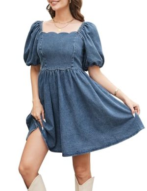 Denim Dress Babydoll Jean Square Neck Puff Sleeve Casual Country Concert Dresses with Pockets for Women 2025