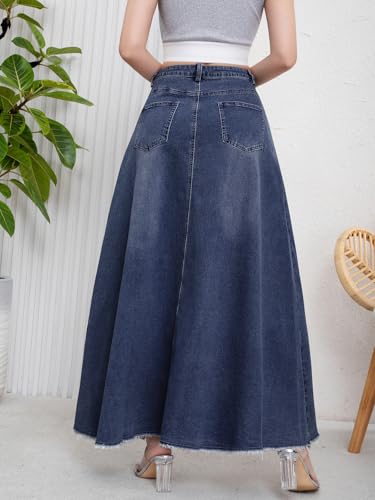 41FBcvgmmXL.jpg Women's Retro Distressed High Waist Frayed Hem A Line Wash Maxi Long Denim Skirt with Pockets