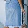 Women's Casual Mid Rise Button Down Frayed Raw Hem Denim Jean Midi Skirt