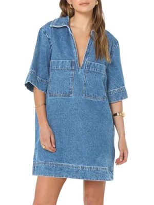 Womens Denim Shirt Dress Summer Collared V Neck Mini Casual Jean Dresses with Pockets