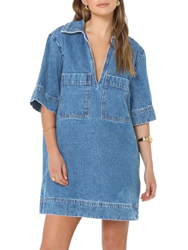 41FOJTfkenL.jpg Womens Denim Shirt Dress Summer Collared V Neck Mini Casual Jean Dresses with Pockets