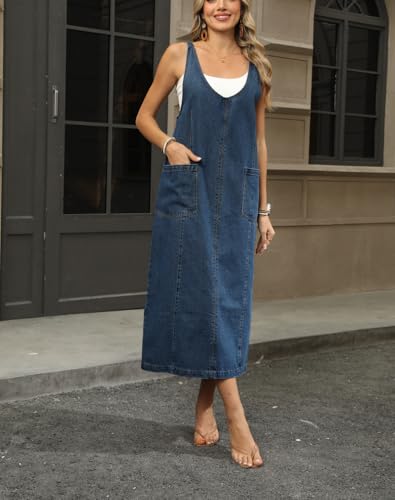 41FWtFzJcL.jpg Women's V Neck Sleeveless Denim Overall Dress Adjustable Strap Vintage Back Slit Midi Jean Dress with Pockets