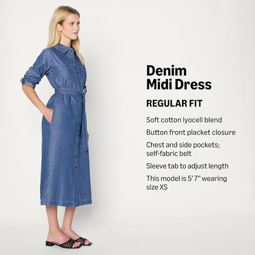 41FZJ3yPqdL.jpg Women's Regular-Fit Denim Chambray Long-Sleeve Button-Up Midi Dress