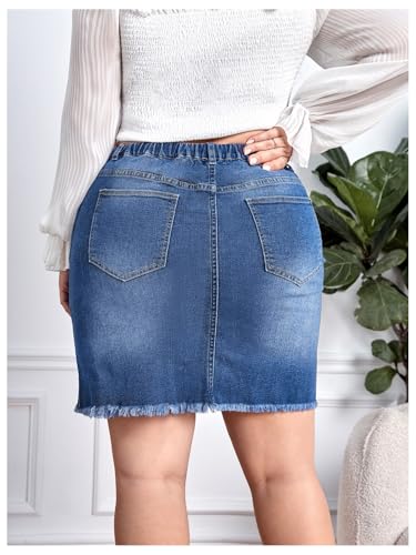 41FrGGm9V9L.jpg Women's Plus Size Denim Skirt High Waisted Elastic Drawstring Waist Raw Hem Ripped Vintage Short Jean Skirt
