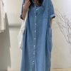 41G1rO3kmL.jpg Women's Summer Casual Short Sleeve Long Denim Shirt Dress Casual Loose Button Down Jean Dress