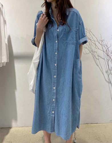 41G1rO3kmL.jpg Women's Summer Casual Short Sleeve Long Denim Shirt Dress Casual Loose Button Down Jean Dress