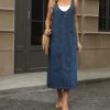 41GtnzkaoGL.jpg Women's V Neck Sleeveless Denim Overall Dress Adjustable Strap Vintage Back Slit Midi Jean Dress with Pockets