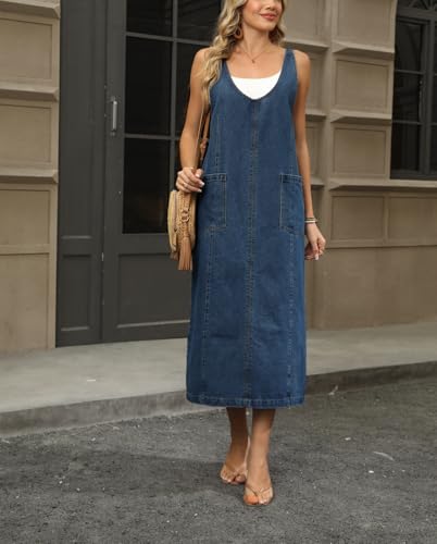 41GtnzkaoGL.jpg Women's V Neck Sleeveless Denim Overall Dress Adjustable Strap Vintage Back Slit Midi Jean Dress with Pockets