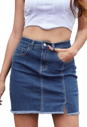 Women’s Denim Mini Skirt High Waist Casual Split Hem Washed Frayed A-line Jean Skirts with Pocket for Women