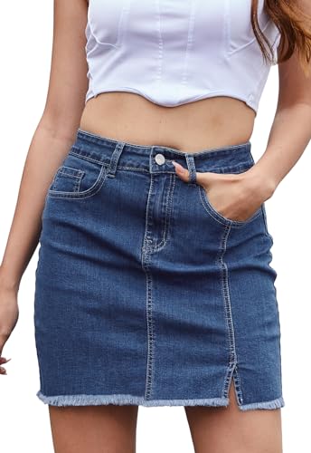 41HUqlGYzvL.jpg Women’s Denim Mini Skirt High Waist Casual Split Hem Washed Frayed A-line Jean Skirts with Pocket for Women