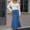 41HcOtcsMlL.jpg Womens Fishtail Long Jean Skirt High Waisted Casual Stretchy Fit and Flare Midi Denim Skirts