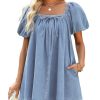 Denim Dress for Women, Puff Short Sleeve Jean Dress Square Neck Denim Romper with Pockets