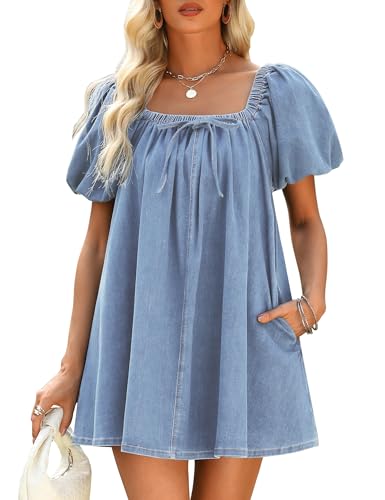 Denim Dress for Women, Puff Short Sleeve Jean Dress Square Neck Denim Romper with Pockets