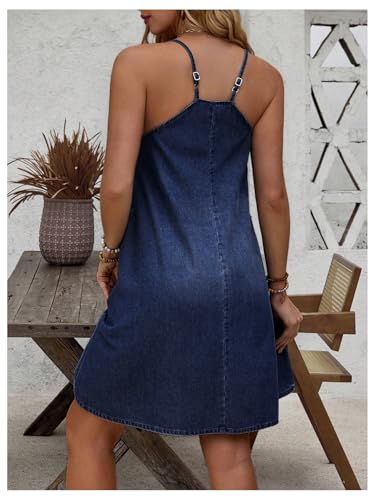 41Hy4d8u40L.jpg Women's Sleeveless Denim Cami Dress Scoop Neck Mini Dresses with Slant Pockets