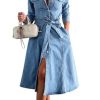 41I4jUVEeGL.jpg Women's 2025 Long Sleeve Belted Denim Shirt Dress A-Line Business Casual Midi Long Denim Coat