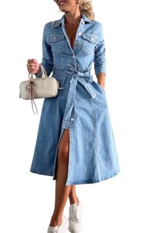 Women's 2025 Long Sleeve Belted Denim Shirt Dress A-Line Business Casual Midi Long Denim Coat