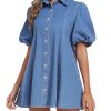 41IGwhZcJrL.jpg Denim Dress for Women, Puff Short Sleeve Jean Dress Mini Denim Romper with Pockets