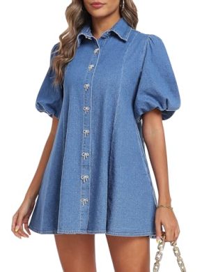 41IGwhZcJrL.jpg Denim Dress for Women, Puff Short Sleeve Jean Dress Mini Denim Romper with Pockets