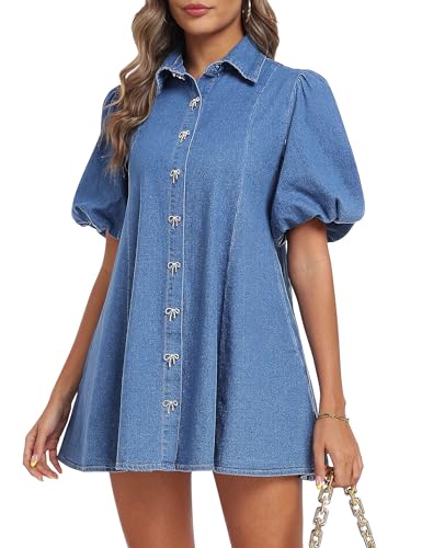41IGwhZcJrL.jpg Denim Dress for Women, Puff Short Sleeve Jean Dress Mini Denim Romper with Pockets