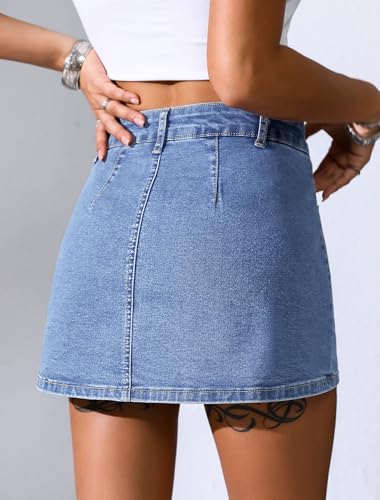 41IQufHB6KL.jpg Jean Skorts for Woman High Waisted Stretchy Denim Skirt with Shorts Mini Skirt with Pockets