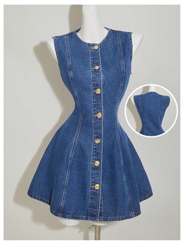 41Ioz9xMMsL.jpg Women's Button Down Sleeveless Jean Dress Y2k A Line Short Denim Dresses