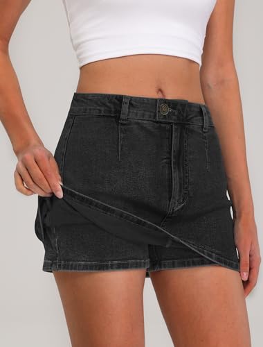 41JVT-Kra8L.jpg Denim Mini Skirt for Women Low Waisted Jean Micro Skort with Shorts Stretch Casual Jean Skirt