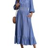 41JXIdXsP9L.jpg Women's Maxi Denim Dress with Pockets V Neck Jean Dresses Elbow Sleeve Elastic Waist Tiered Casual Fall Outfits 2025