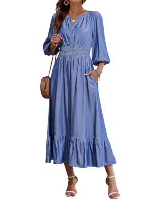 Women's Maxi Denim Dress with Pockets V Neck Jean Dresses Elbow Sleeve Elastic Waist Tiered Casual Fall Outfits 2025