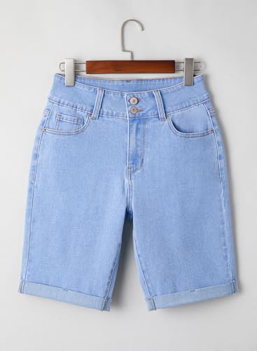 Women's Jean Shorts High Waisted Stretchy Bermuda Folded Hem Denim Summer Shorts