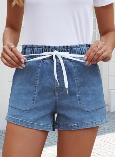 41Kwm90ttuL.jpg Womens Stretchy Denim Shorts 2025 Summer Casual Drawstring Elastic Waist Jean Shorts with Pockets