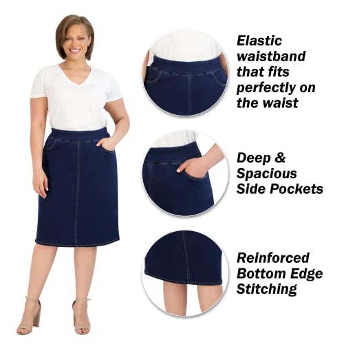 41LFkYH-ydL.jpg Pull On Knit Denim Skirt for Women - Easy to Put On & Take Off Jean Skirt - Skirt w/Pockets & Comfort Waist Band