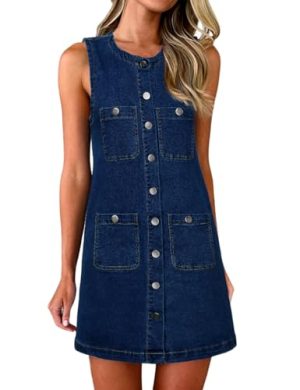 Denim Dress for Women, Sleeveless Jean Dress Button Down Dresses Casual Summer Denim Mini Dresses with Pockets